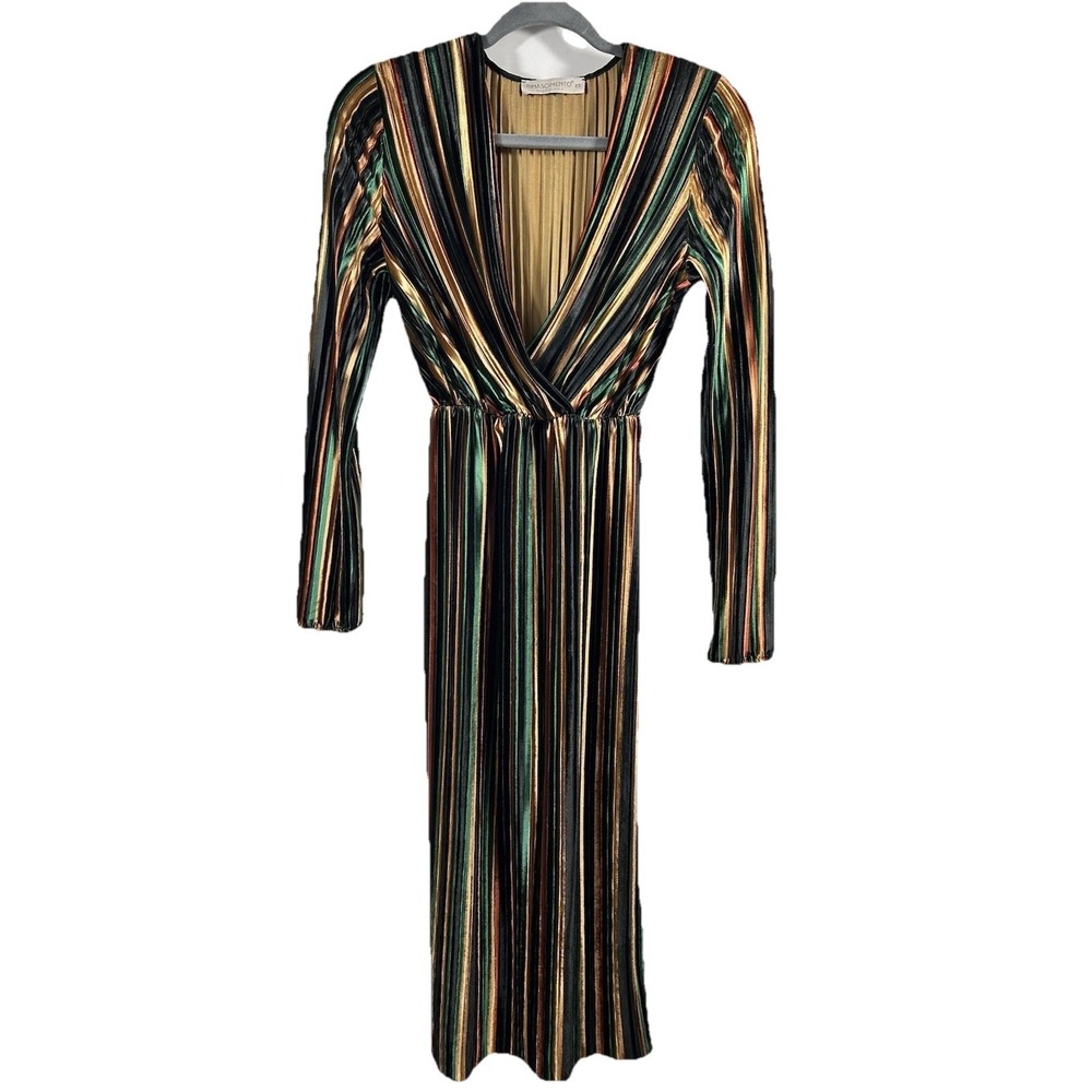 Rinascimento Italy Velvet Plissé‎ Maxi Dress XS Gold Green Bronze Art Deco Glam